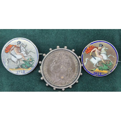 38 - A Collection  Antique coins; 1821 & 1822 silver and enamel worked George IIII Coins made into brooch... 