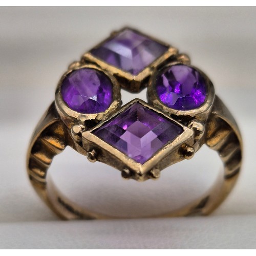 2 - 9ct yellow gold ladies ring fitted with four various cut amethyst gem stones, Emerald and oval cut s... 