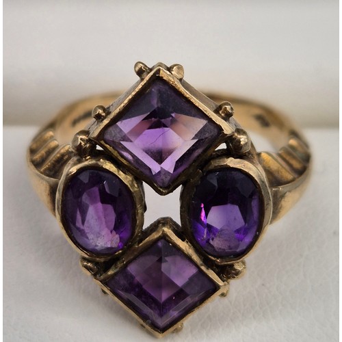 2 - 9ct yellow gold ladies ring fitted with four various cut amethyst gem stones, Emerald and oval cut s... 