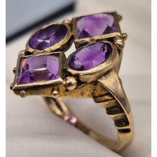 2 - 9ct yellow gold ladies ring fitted with four various cut amethyst gem stones, Emerald and oval cut s... 