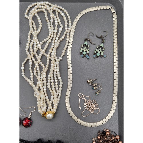 30 - A Collection of costume jewellery and watches; Silver unusual linked necklace, Silver beaded necklac... 