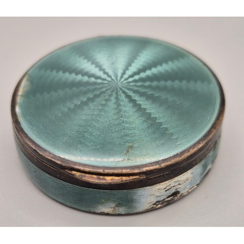 13 - London Import silver and enamel art deco compact box. Contains mirror and pounder utensil. [4.5cm di... 