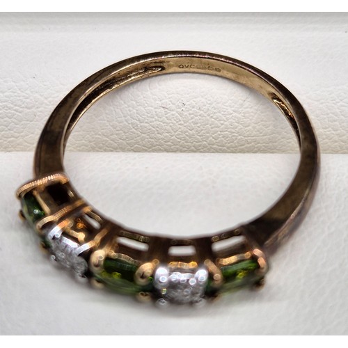 21 - 9ct rose gold ring set with diamond clusters and oval green tourmaline gem stones. [Ring size Q] [2.... 