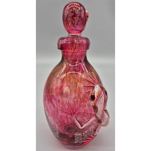 50 - Mike Hunter of Twist glass perfume bottle- signed and has original sticker present. Ruby glass with ... 