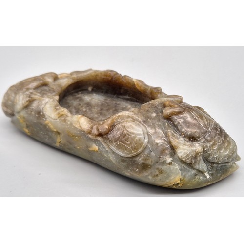 41 - A Chinese hand carved hardstone/ agate ink dish; detailed with carved Kio carp. [11.5cm length]