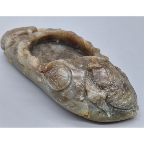 41 - A Chinese hand carved hardstone/ agate ink dish; detailed with carved Kio carp. [11.5cm length]