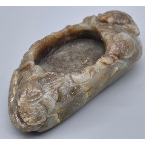 41 - A Chinese hand carved hardstone/ agate ink dish; detailed with carved Kio carp. [11.5cm length]