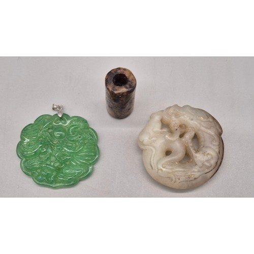 53 - Three Various Chinese hand carved sculptures; Green Jade dragon pendant with silver attachment, Drag... 