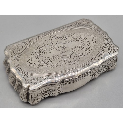 2 - 19th century Austrian silver ornate snuff box. Engraved and dated 1862 to the cartouche. [2x9x5.5cm]... 