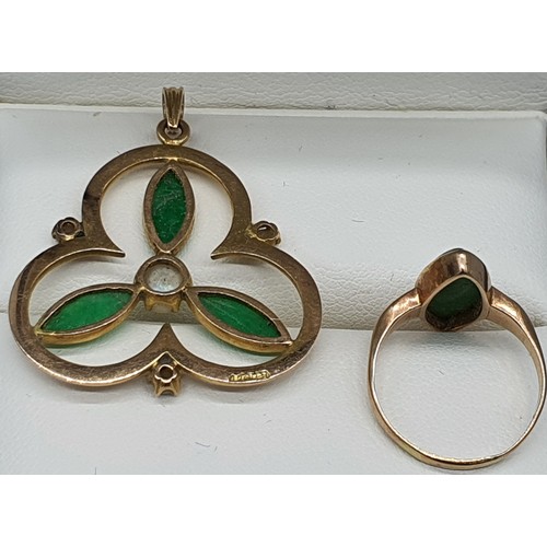 15 - 18ct yellow gold, jade and pearl pendant and matching ring. [Ring size- K] [8.43Grams]