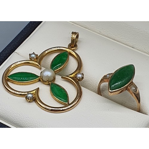 15 - 18ct yellow gold, jade and pearl pendant and matching ring. [Ring size- K] [8.43Grams]