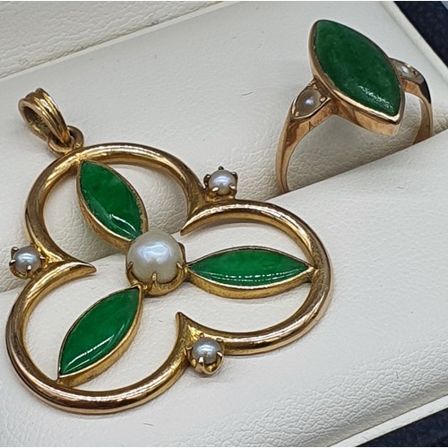 15 - 18ct yellow gold, jade and pearl pendant and matching ring. [Ring size- K] [8.43Grams]