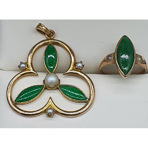 15 - 18ct yellow gold, jade and pearl pendant and matching ring. [Ring size- K] [8.43Grams]