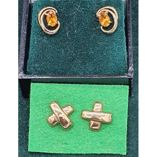 19 - Two pairs of 9ct yellow gold earrings- one pair fitted with citrine gem stones.