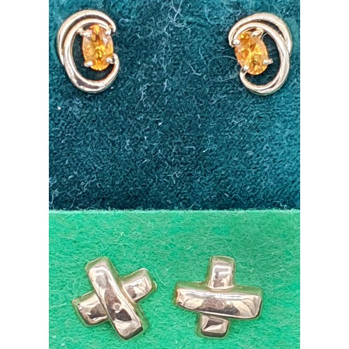 19 - Two pairs of 9ct yellow gold earrings- one pair fitted with citrine gem stones.