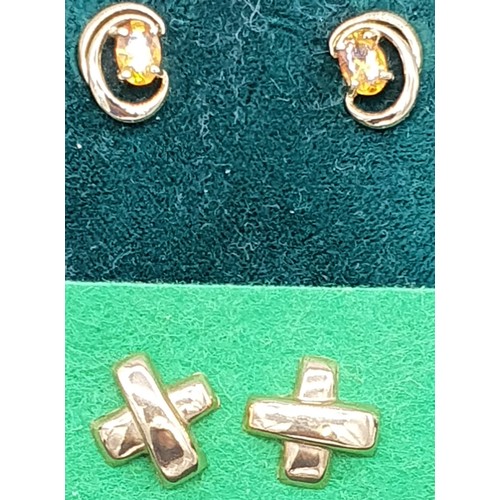 19 - Two pairs of 9ct yellow gold earrings- one pair fitted with citrine gem stones.