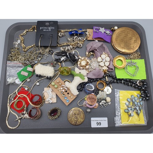 99 - A Tray of costume jewellery; art deco compact, various murano rings and other collectables