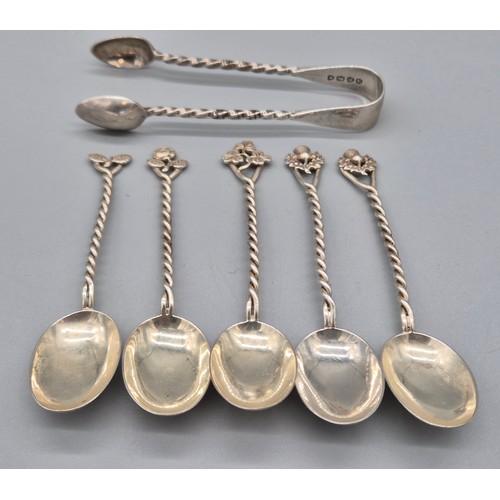 17 - Victorian London silver sugar tongs and five Birmingham silver matching coffee bean spoons. [50.38gr... 