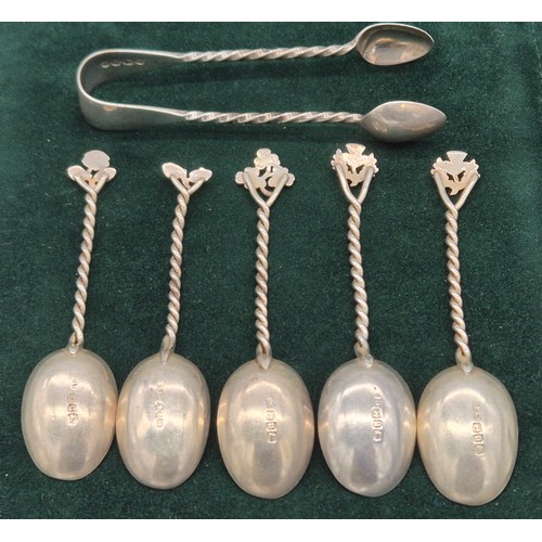 17 - Victorian London silver sugar tongs and five Birmingham silver matching coffee bean spoons. [50.38gr... 