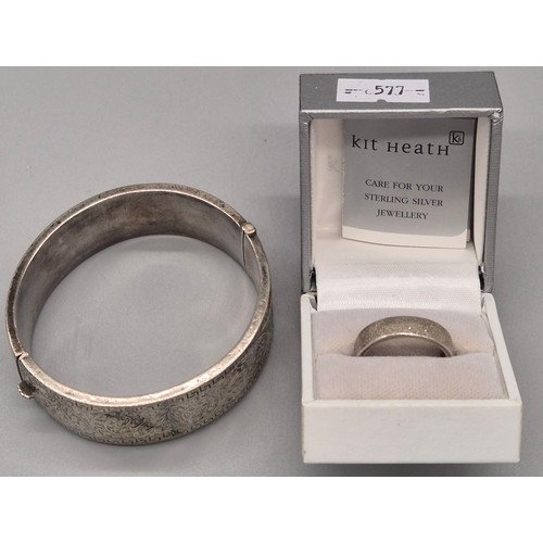 20 - 925 Silver Kit Heath band ring with box and certificate and Birmingham silver engraved bangle. [Ring... 