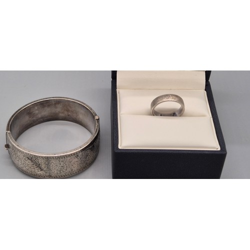 20 - 925 Silver Kit Heath band ring with box and certificate and Birmingham silver engraved bangle. [Ring... 