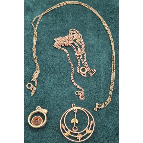 10 - 9ct yellow gold Edwardian pendant, Rolled gold pendant and two chains. [9ct-2.10grams]