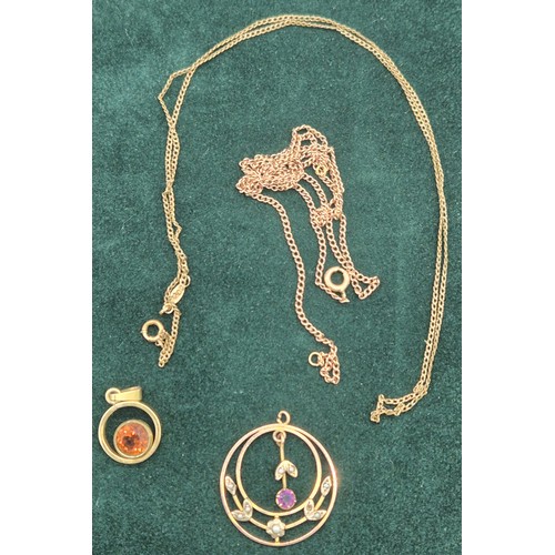 10 - 9ct yellow gold Edwardian pendant, Rolled gold pendant and two chains. [9ct-2.10grams]