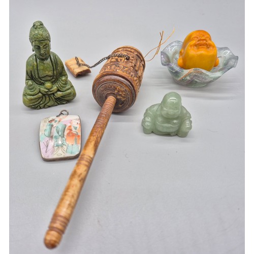 104 - A Collection of Chinese collectables; Tibetan prayer wheel, Silver and porcelain painted figure pend... 