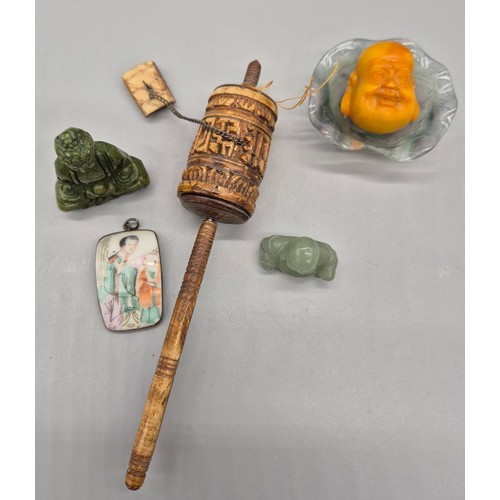 104 - A Collection of Chinese collectables; Tibetan prayer wheel, Silver and porcelain painted figure pend... 