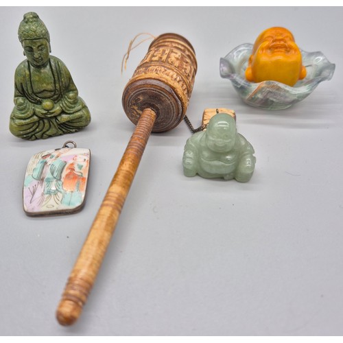 104 - A Collection of Chinese collectables; Tibetan prayer wheel, Silver and porcelain painted figure pend... 