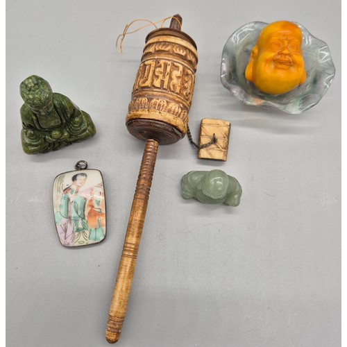 104 - A Collection of Chinese collectables; Tibetan prayer wheel, Silver and porcelain painted figure pend... 