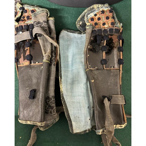90 - Antique Japanese Samurai part armour set; Chest and back plate [Do], arm and hand guards [Sode/ Kode... 