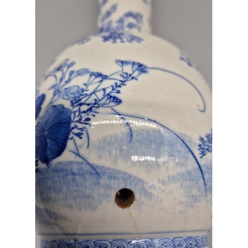 117 - A Large 19th century Chinese Fluted vase; Hand painted blue and white design- Birds, flowers and orn... 