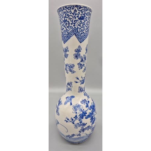 117 - A Large 19th century Chinese Fluted vase; Hand painted blue and white design- Birds, flowers and orn... 