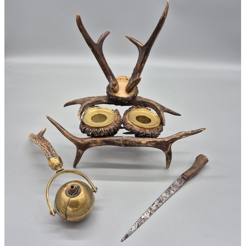 106 - 19th century Antler ink well, Gimbal table lighter & antique Scottish Antler handle dagger/ knife- I... 