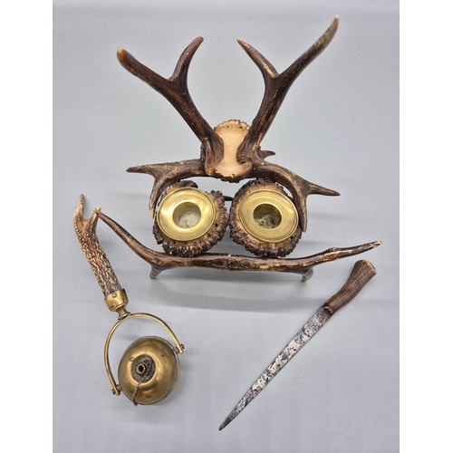 106 - 19th century Antler ink well, Gimbal table lighter & antique Scottish Antler handle dagger/ knife- I... 