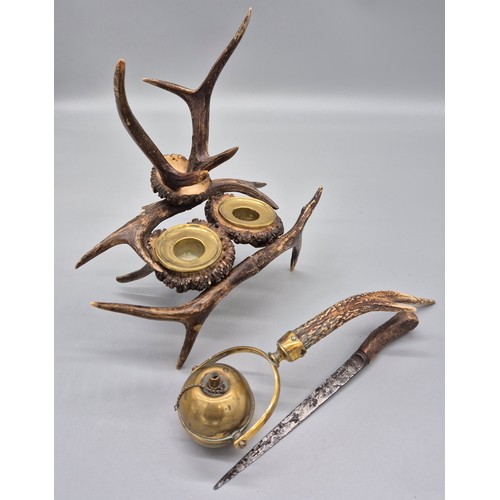106 - 19th century Antler ink well, Gimbal table lighter & antique Scottish Antler handle dagger/ knife- I... 