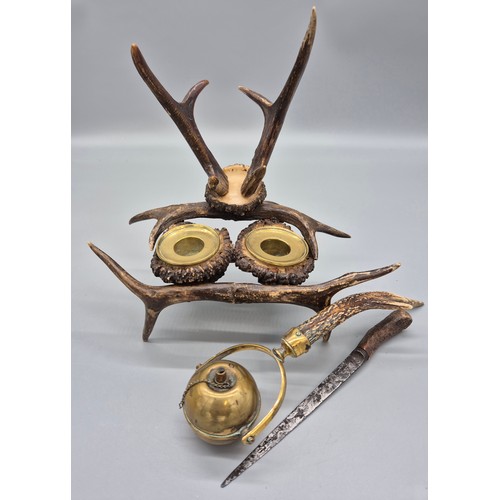 106 - 19th century Antler ink well, Gimbal table lighter & antique Scottish Antler handle dagger/ knife- I... 