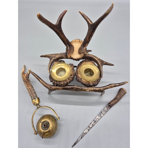106 - 19th century Antler ink well, Gimbal table lighter & antique Scottish Antler handle dagger/ knife- I... 