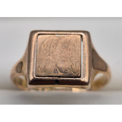 45 - Birmingham 9ct yellow gold and enamel Masonic swivel ring. [Ring size R] [3.97Grams]