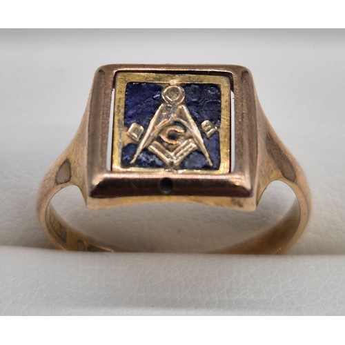 45 - Birmingham 9ct yellow gold and enamel Masonic swivel ring. [Ring size R] [3.97Grams]