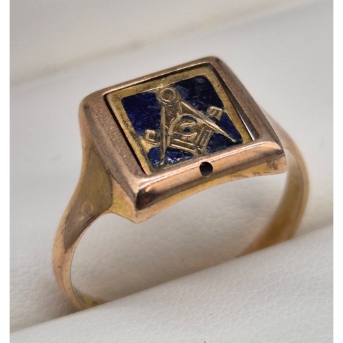 45 - Birmingham 9ct yellow gold and enamel Masonic swivel ring. [Ring size R] [3.97Grams]