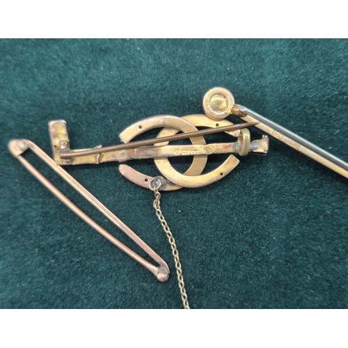 35 - Three antique 9ct gold brooches; Two bar brooches- one with single pearl- has steel pin, the other b... 