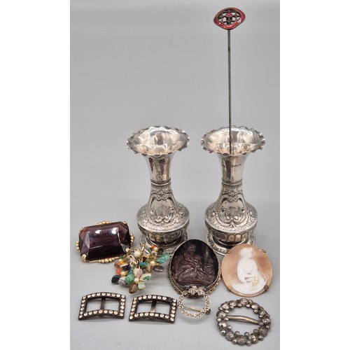 92 - A Selection of Collectables; Pair of Chester Silver vases- [56.20grams], Silver and marcasite ribbon... 