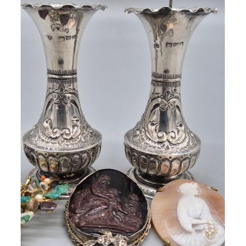 92 - A Selection of Collectables; Pair of Chester Silver vases- [56.20grams], Silver and marcasite ribbon... 