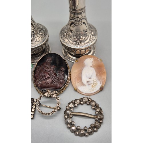 92 - A Selection of Collectables; Pair of Chester Silver vases- [56.20grams], Silver and marcasite ribbon... 