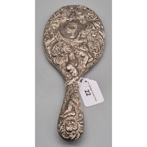 22 - Birmingham silver raised relief hand mirror, detailing cherub figures and scroll effect. [27cm lengt... 