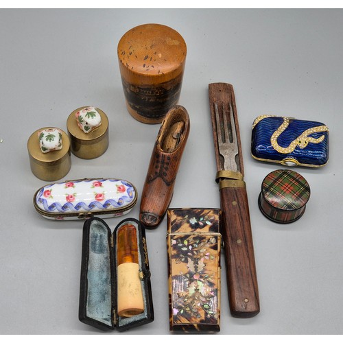 91 - A selection of collectables; Tortoise shell and mother of pearl inlaid Cigarette case, Antique hand ... 