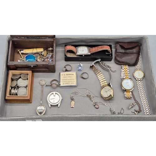78 - A Selection of collectables; Seiko SQ Quartz, various coins, Silver Chinese coffee spoon, Silver rin... 