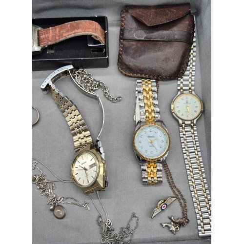 78 - A Selection of collectables; Seiko SQ Quartz, various coins, Silver Chinese coffee spoon, Silver rin... 